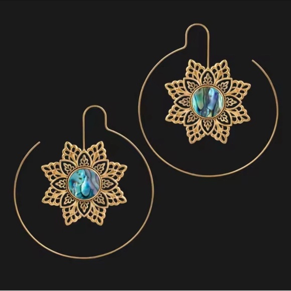 ‼️5/$25‼️ Gold and Blue Floral Hoop Earrings - Picture 2 of 2